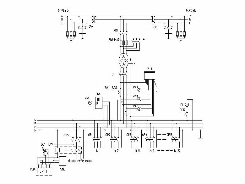 Электрическая схема однотрансформаторной КТП 630